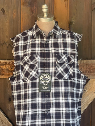 Hamm's HAPPY Hour Sleeveless Flannel- Black/Ivory Plaid